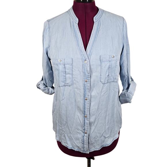Women's Love Tree Button Down Chambray Top Roll Tab Sleeves | Size Large - Picture 1 of 10